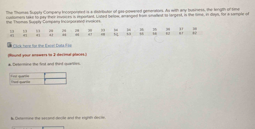 The Thomas Supply Company Incorporated is a distributor of gas-powered generators. As with any business, the length of time 
customers take to pay their invoices is important. Listed below, arranged from smallest to largest, is the time, in days, for a sample of 
the Thomas Supply Company Incorporated invoices.
13 13 13 20 26 28 30 33 34 34 35 35 36 37 3:8
41 41 41 42 46 4/6 47 48 52 53 55 56 62 67 02
Click here for the Excel Data File 
(Round your answers to 2 decimal places.) 
a. Determine the first and third quartiles 
b. Determine the second decile and the eighth decile.