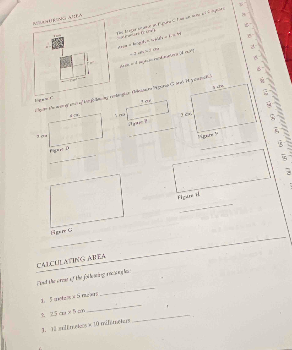 MEASURING AREA

1 cm
The larger square in Figure C has an area of 2 square centimeters (2cm^2). 
8
cm
Area = length * widll 7 =L* W
2cm* 2cm
). 
S
2 cm =4 square centimeters (4cm^2
Area

2 cm
Figure the area of each of the following rectangles: (Measure Figures G and H yourself.) 
Figure C
3 cm
1 cm
_ 
Figure E 
_ 
5 
_ 
Figure H 
_ 
CALCULATING AREA 
Find the areas of the following rectangles:
1. 5 meters * 5 meters
_ 
、 
2. 2.5cm* 5cm
_ 
3. 10 millimeters * 10 millimeters
_