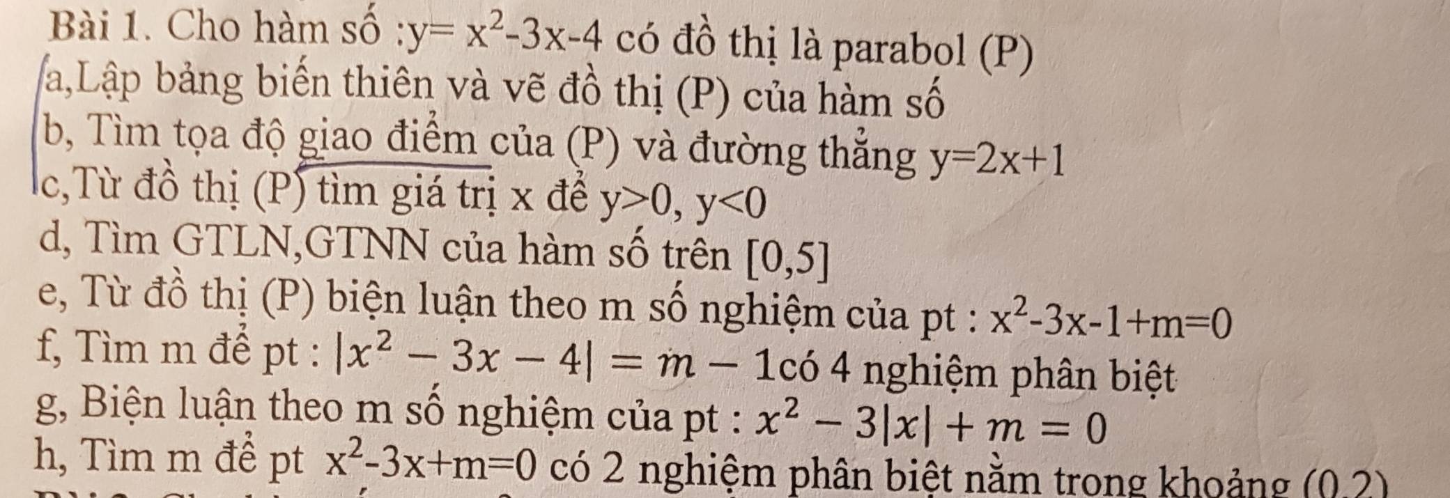 Cho hàm số :y=x^2-3x-4 có đồ thị là parabol (P) 
a,Lập bảng biến thiên và vẽ đồ thị (P) của hàm số 
b, Tìm tọa độ giao điểm của (P) và đường thẳng y=2x+1
c,Từ đồ thị (P) tìm giá trị x để y>0, y<0</tex> 
d, Tìm GTLN,GTNN của hàm số trên [0,5]
e, Từ đồ thị (P) biện luận theo m số nghiệm của pt : x^2-3x-1+m=0
f, Tìm m đế pt : |x^2-3x-4|=m-1c64 nghiệm phân biệt 
g, Biện luận theo m số nghiệm của pt : x^2-3|x|+m=0
h, Tìm m để pt x^2-3x+m=0 có 2 nghiệm phân biệt nằm trong khoảng (0,2)