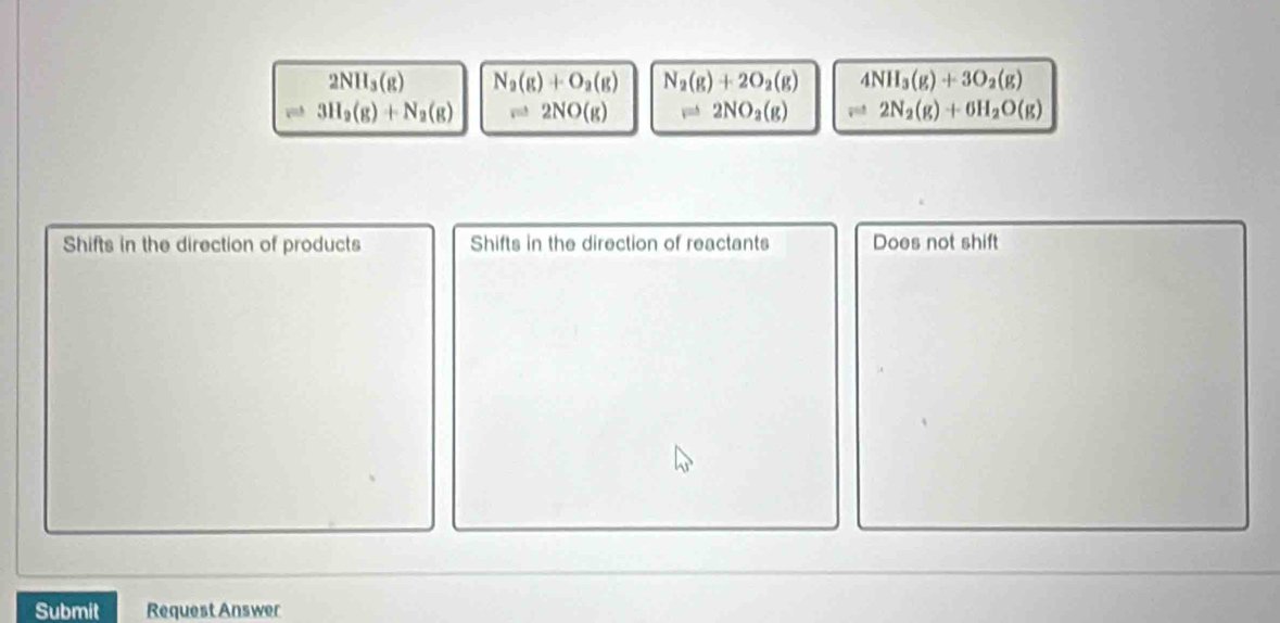 2NH_3(g) N_2(g)+O_2(g) N_2(g)+2O_2(g) 4NH_3(g)+3O_2(g)
3H_2(g)+N_2(g) leftharpoons 2NO(g) leftharpoons 2NO_2(g) leftharpoons 2N_2(g)+6H_2O(g)
Shifts in the direction of products Shifts in the direction of reactants Does not shift
Submit Request Answer