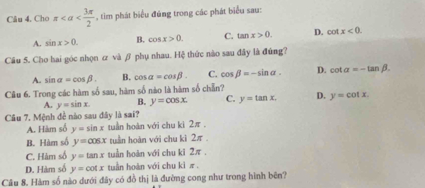 Cho π , tìm phát biểu đúng trong các phát biểu sau:
A. sin x>0. B. cos x>0. C. tan x>0. p. cot x<0</tex>. 
Câu 5. Cho hai góc nhọn & và β phụ nhau. Hệ thức nào sau đây là đúng?
A. sin alpha =cos beta. B. cos alpha =cos beta. C. cos beta =-sin alpha. D. cot alpha =-tan beta. 
Câu 6. Trong các hàm số sau, hàm số nào là hàm số chẵn?
A. y=sin x. B. y=cos x. C. y=tan x, D. y=cot x. 
Câu 7. Mệnh đề nào sau đây là sai?
A. Hàm số y=sin x tuần hoàn với chu kì 2π.
B. Hàm số y=cos x tuần hoàn với chu kì 2π.
C. Hàm số y=tan x tuần hoàn với chu ki 2π.
D. Hàm số y=cot x tuần hoàn với chu kì π,
Câu 8. Hàm số nào dưới đây có đồ thị là đường cong như trong hình bên?