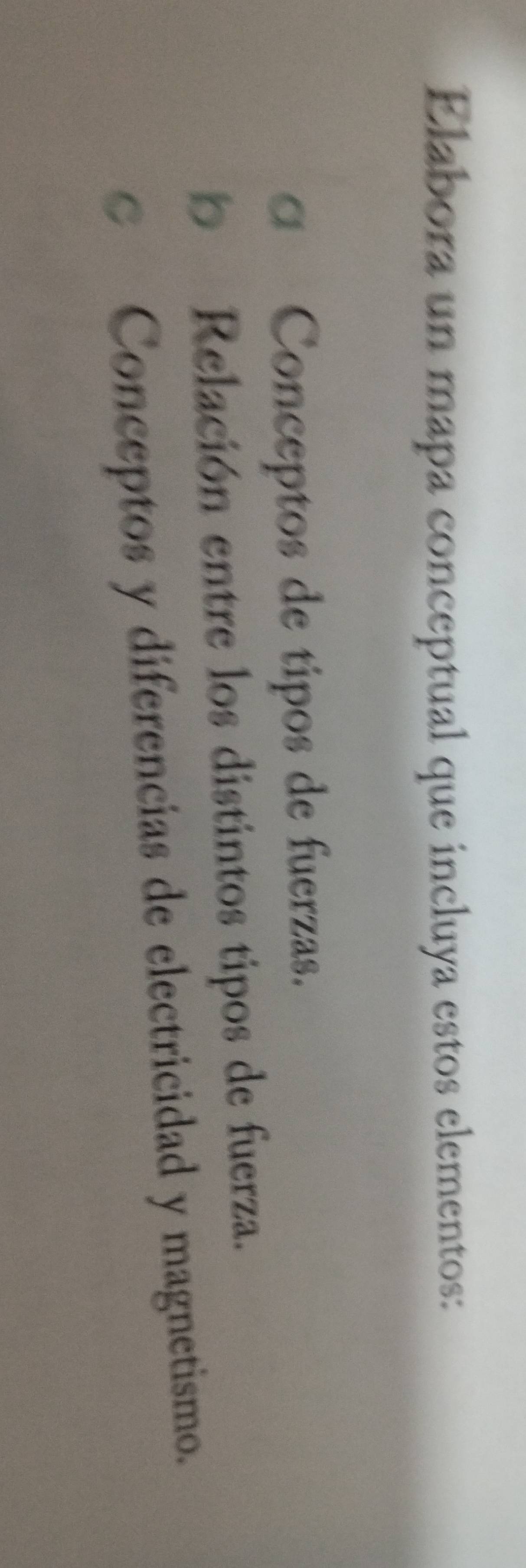 Elabora un mapa conceptual que incluya estos elementos: 
a Conceptos de tipos de fuerzas. 
b Relación entre los distintos tipos de fuerza. 
c Conceptos y diferencias de electricidad y magnetismo.