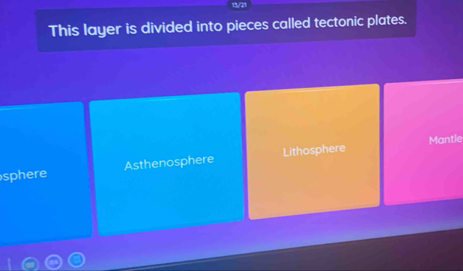 13/21
This layer is divided into pieces called tectonic plates.
Mantle
sphere Asthenosphere Lithosphere