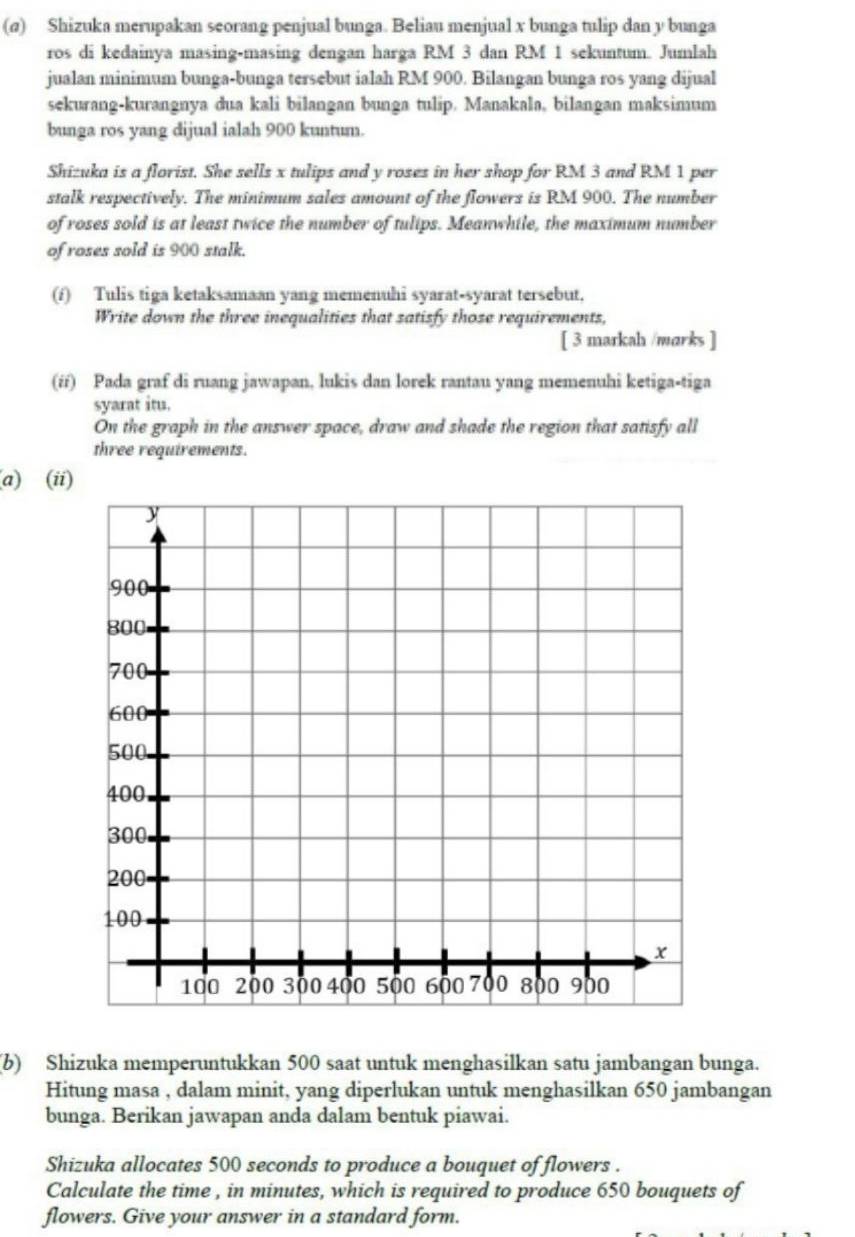 (σ) Shizuka merupakan seorang penjual bunga. Beliau menjual x bunga tulip dan y bunga 
ros di kedainya masing-masing dengan harga RM 3 dan RM 1 sekuntum. Jumlah 
jualan minimum bunga-bunga tersebut ialah RM 900. Bilangan bunga ros yang dijual 
sekurang-kurangnya dua kali bilangan bunga tulip. Manakala, bilangan maksimum 
bunga ros yang dijual ialah 900 kuntum. 
Shizuka is a florist. She sells x tulips and y roses in her shop for RM 3 and RM 1 per 
stalk respectively. The minimum sales amount of the flowers is RM 900. The number 
of roses sold is at least twice the number of tulips. Meanwhile, the maximum number 
of roses sold is 900 stalk. 
(f) Tulis tiga ketaksamaan yang memenuhi syarat-syarat tersebut. 
Write down the three inequalities that satisfy those requirements, 
[ 3 markah /marks ] 
(ff) Pada graf di ruang jawapan, lukis dan lorek rantau yang memenuhi ketiga-tiga 
syarat itu. 
On the graph in the answer space, draw and shade the region that satisfy all 
three requirements. 
(a) (ii) 
(b) Shizuka memperuntukkan 500 saat untuk menghasilkan satu jambangan bunga. 
Hitung masa , dalam minit, yang diperlukan untuk menghasilkan 650 jambangan 
bunga. Berikan jawapan anda dalam bentuk piawai. 
Shizuka allocates 500 seconds to produce a bouquet of flowers . 
Calculate the time , in minutes, which is required to produce 650 bouquets of 
flowers. Give your answer in a standard form.