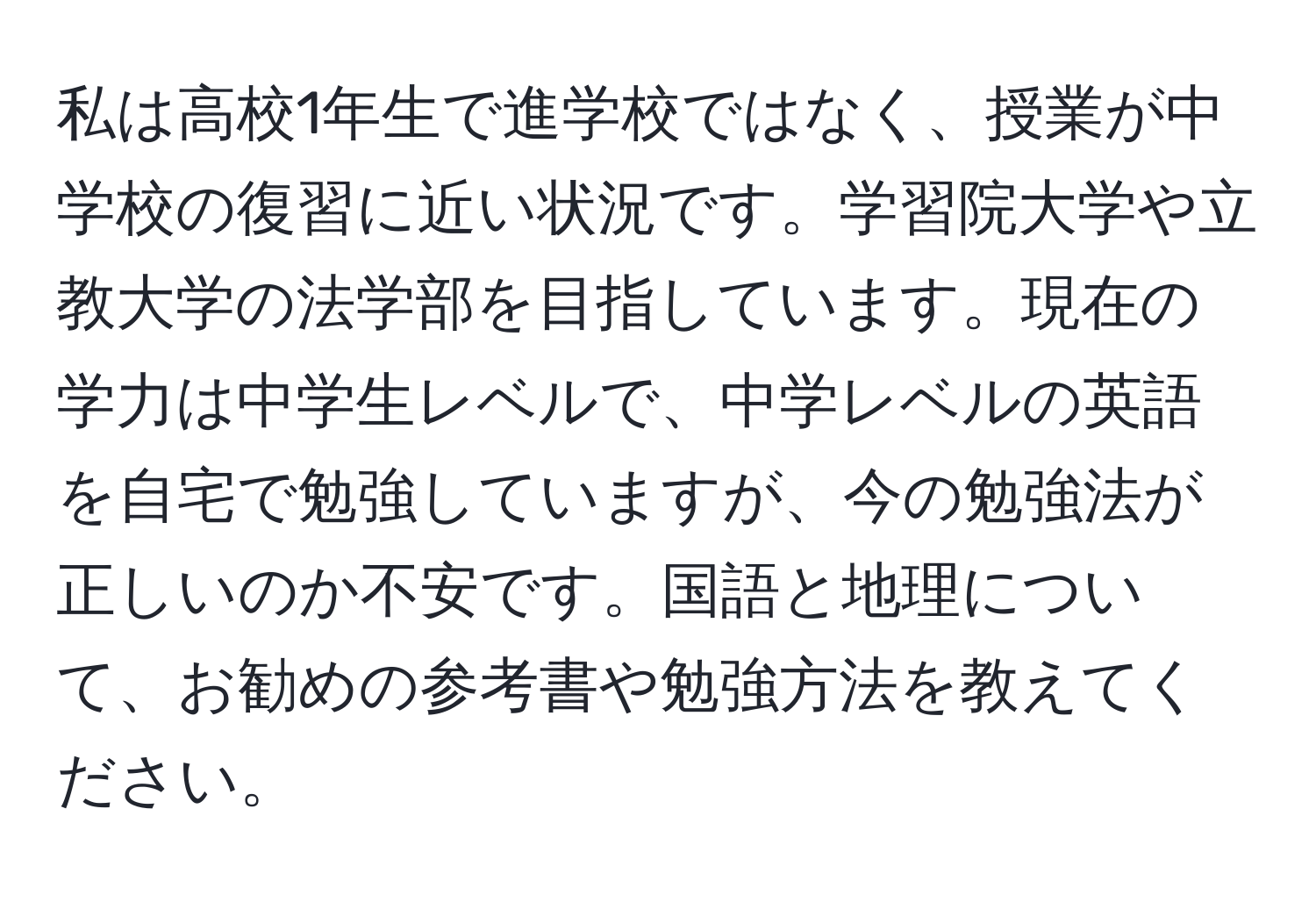 私は高校1年生で進学校ではなく、授業が中学校の復習に近い状況です。学習院大学や立教大学の法学部を目指しています。現在の学力は中学生レベルで、中学レベルの英語を自宅で勉強していますが、今の勉強法が正しいのか不安です。国語と地理について、お勧めの参考書や勉強方法を教えてください。