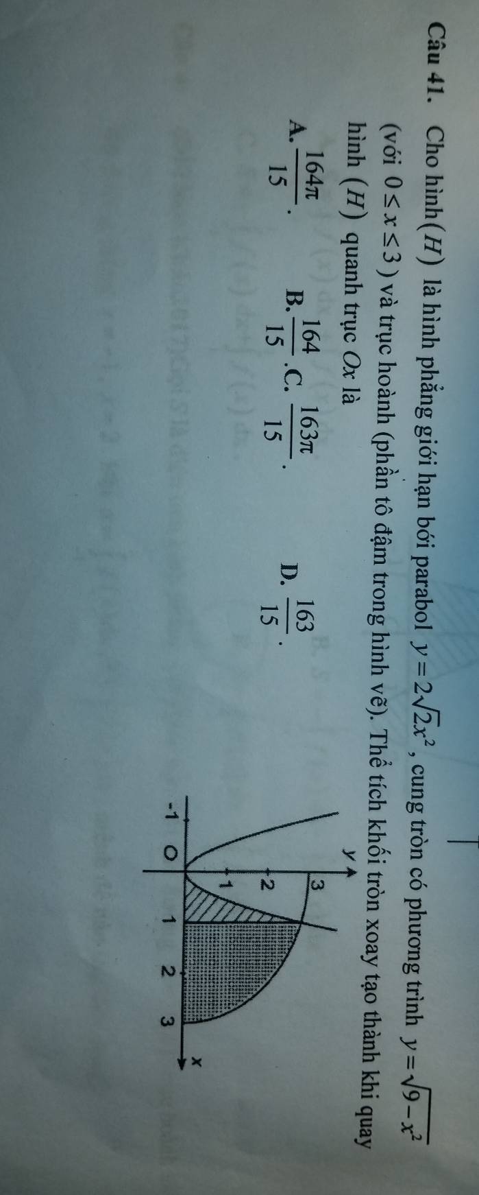 Cho hình(H) là hình phẳng giới hạn bới parabol y=2sqrt(2)x^2 , cung tròn có phương trình y=sqrt(9-x^2)
(với 0≤ x≤ 3) và trục hoành (phần tô đậm trong hình vẽ). Thể tích khối tròn xoay tạo thành khi quay
hình (H) quanh trục Ox là
A.  164π /15 . B.  164/15  .C.  163π /15 . D.  163/15 .