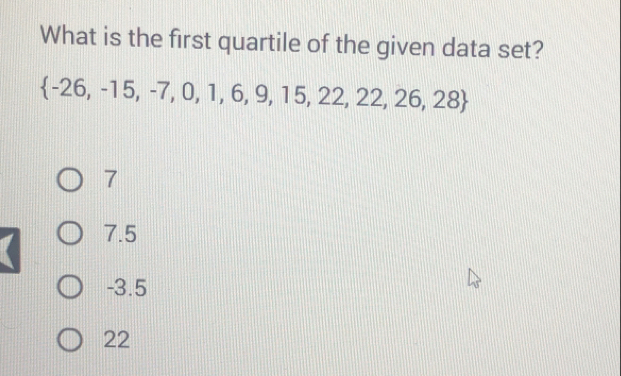 What is the first quartile of the given data set?
-26, -15, -7, 0, 1, 6, 9, 15, 22, 22, 26, 28
7
7.5
-3.5
22