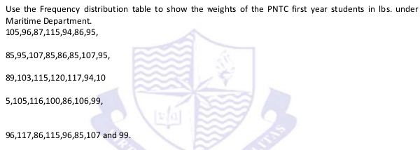 Use the Frequency distribution table to show the weights of the PNTC first year students in lbs. under 
Maritime Department.
105, 96, 87, 115, 94, 86, 95,
85, 95, 107, 85, 86, 85, 107, 95,
89, 103, 115, 120, 117, 94, 10
5, 105, 116, 100, 86, 106, 99,
96, 117, 86, 115, 96, 85, 107 and 9