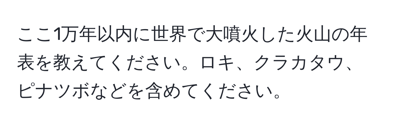 ここ1万年以内に世界で大噴火した火山の年表を教えてください。ロキ、クラカタウ、ピナツボなどを含めてください。