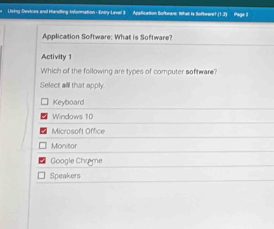 Using Devices and Handling Information - Entry Level 3 Application Software: What is Sofhware? (1.2) Page 2
Application Software: What is Software?
Activity 1
Which of the following are types of computer software?
Select all that apply.
Keyboard
Windows 10
Microsoft Office
Monitor
Google Chrome
Speakers