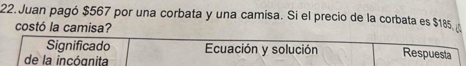 Juan pagó $567 por una corbata y una camisa. Si el precio de la corbata es $185, ¿ 
costó la camisa? 
Significado Ecuación y solución 
de la incógnita 
Respuesta