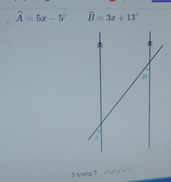 widehat A=5x-5° widehat B=3x+13°
5 trong 5