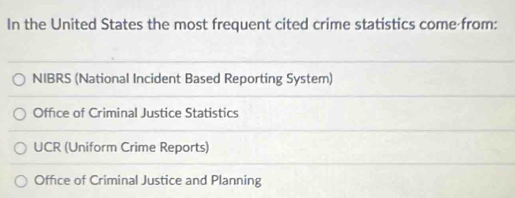 In the United States the most frequent cited crime statistics come from:
NIBRS (National Incident Based Reporting System)
Office of Criminal Justice Statistics
UCR (Uniform Crime Reports)
Office of Criminal Justice and Planning