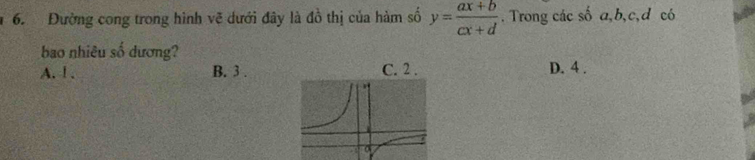 6 Đường cong trong hình vẽ dưới đây là 40^(frac 1)4 thị của hàm số y= (ax+b)/cx+d . Trong các số a, b, c, d có
bao nhiêu số dương?
A. 1. B. 3. D. 4.