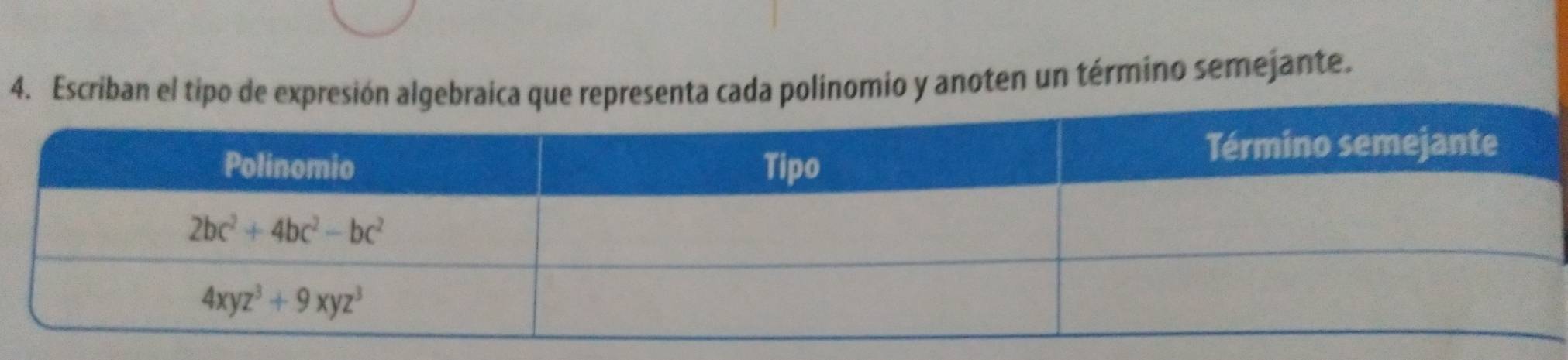 Escriban el tipo de expresión algebraica que representa cada polinomio y anoten un término semejante.