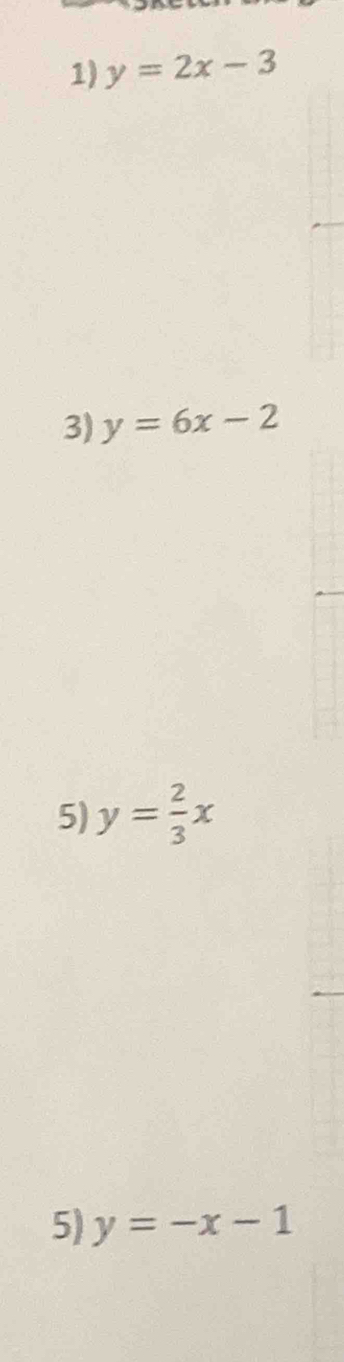 y=2x-3
3) y=6x-2
5) y= 2/3 x
5) y=-x-1