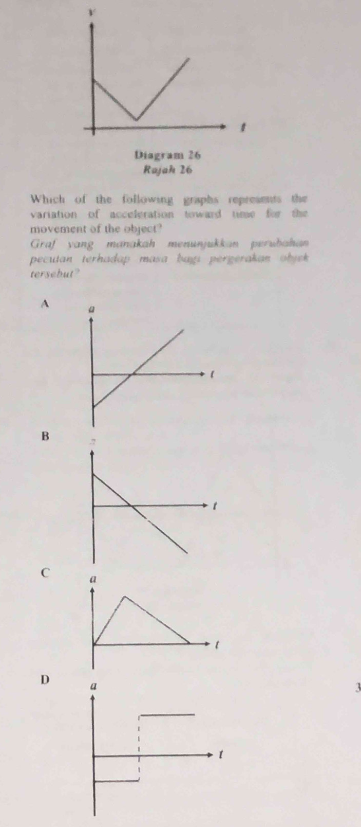 Diagram 26
Rajak 26
Which of the following graphs represents the
variation of acceleration toward time for the 
movement of the object?
Graf yang manakah menunjukkan perubahian
pecutan terhadap masa bays pergerakan objek .
tersebut?
A
B
C
D 
3