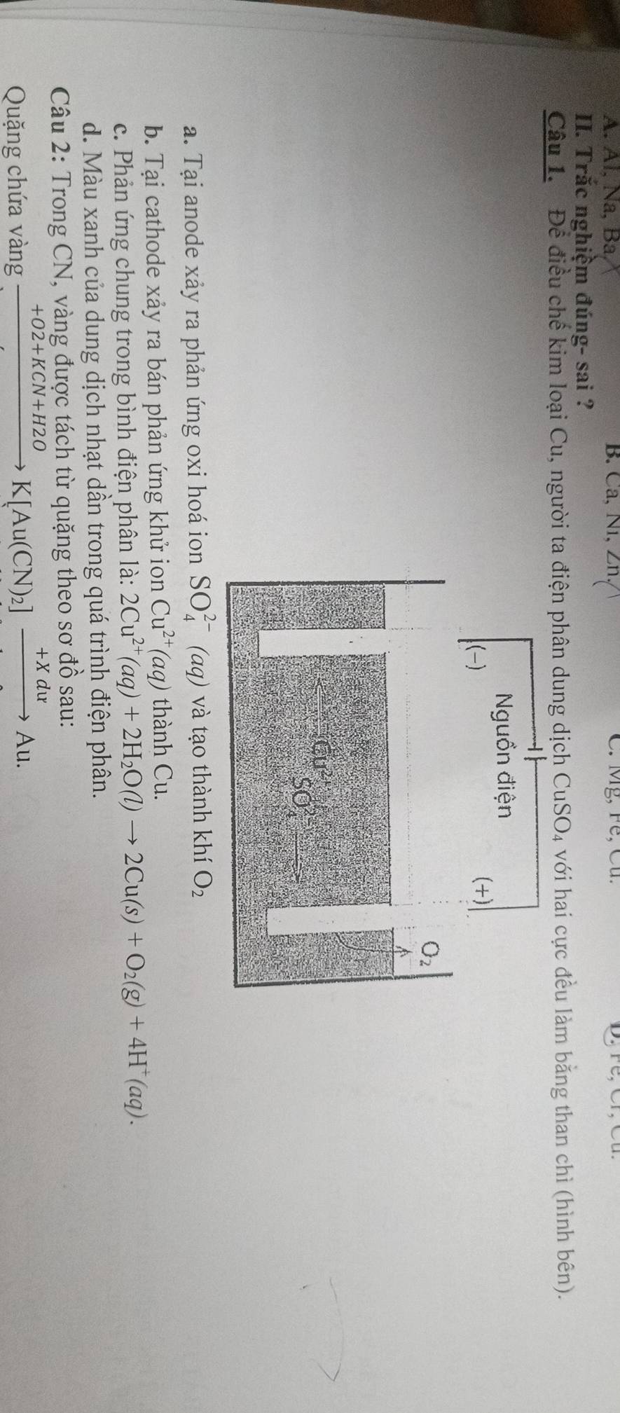 A. Al, Na, Ba, B. Ca、N1,Zn C. Mg, Fê, Cu.
II. Trắc nghiệm đúng- sai ?
Câu 1. Để điều chế kim loại Cu, người ta điện phân dung dịch CuSO_4 với hai cực đều làm bằng than chì (hình bên).
a. Tại anode xảy ra phản ứng oxi hoá ion SO_4^((2-)(aq) và tạo thành khí O_2)
b. Tại cathode xảy ra bán phản ứng khử ion Cu^(2+)(aq) thành Cu.
c. Phản ứng chung trong bình điện phân là: 2Cu^(2+)(aq)+2H_2O(l)to 2Cu(s)+O_2(g)+4H^+(aq).
d. Màu xanh của dung dịch nhạt dần trong quá trình điện phân.
Câu 2: Trong CN, vàng được tách từ quặng theo sơ đồ sau:
Quặng chứa vàng xrightarrow +O2+KCN+H2OK[Au(CN)_2]xrightarrow +XduAu.