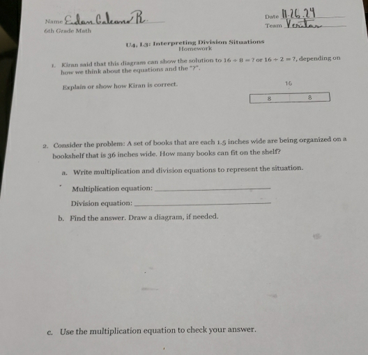 Solved: Name _Date_ 6th Grade Math Team_ U4, L3: Interpreting Division ...