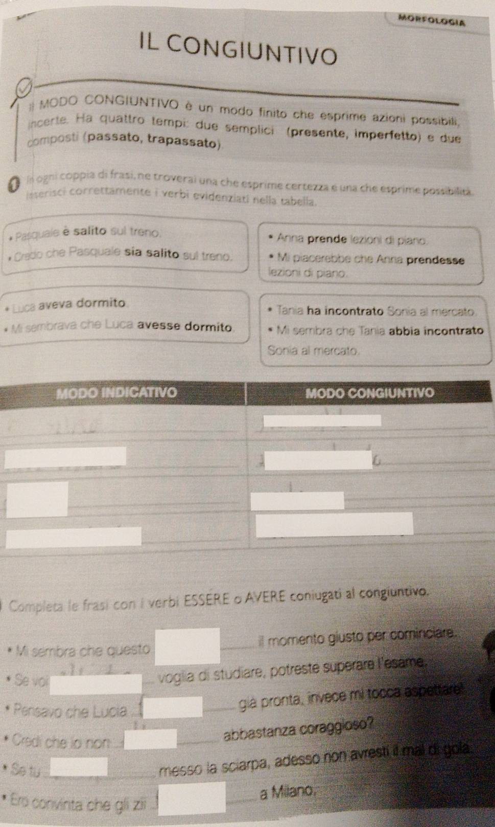 MORFOLOGIA 
IL CONGIUNTIVO 
: MODO CONGIUNTIVO è un modo finito che esprime azioni possibili, 
incerte. Ha quattro tempi: due semplici (presente, imperfetto) e due 
composti (passato, trapassato) 
ln ogni coppia di frasi, ne troverai una che esprime certezza é una che esprime possibilità. 
iserisci correttamente i verbi evidenziati nella tabella. 
* Pasquale è salito sul treno. 
Anna prende lezioni di piano. 
*Credo che Pasquale sía salito sul treno. Mi piacerebbe che Anna prendesse 
lezioni di piano. 
* Luca aveva dormito 
Tania ha incontrato Sonia al mercato. 
* Mi sembrava che Luca avesse dormito Mi sembra che Tania abbia incontrato 
Sonia al mercato. 
Completa le frasi con I verbi ESSERE oAVERE coniugati al congiuntivo. 
Mi sembra che questo il momento giusto per cominciare. 
Se voi 
voglia di studiare, potreste superare l'esame. 
Pensavo che Lucia 
gia pronta, invece mi tocca aspettare! 
Credi che io non 
abbastanza coraggioso? 
Se tụ 
messo la sciarpa, adesso non avresti it mal di gola. 
* Eró convinta che gli zii 
a Miliano,