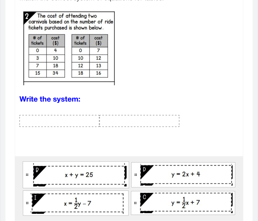 The cost of attending two
carnivals based on the number of ride .
tickets purchased is shown below .





Write the system:
B
D
::
x+y=25
::
y=2x+4
I x= 1/2 y-7
C y= 1/2 x+7
::
::