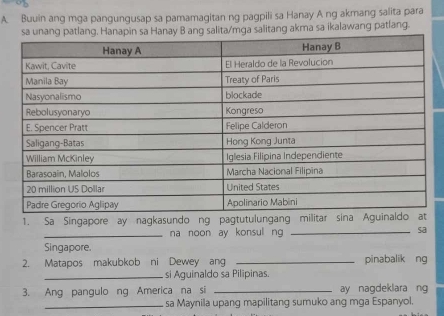 Buuin ang mga pangungusap sa pamamagitan ng pagpili sa Hanay A ng akmang salita para 
ta/mga salitang akma sa ikalawang patlang. 
1. Sa Singapore ay nagkasundo ng pagtutulungang militar sina 
_na noon ay konsul ng _sa 
Singapore. 
2. Matapos makubkob ni Dewey ang _pinabalik ng 
_si Aguinaldo sa Pilipinas. 
3. Ang pangulo ng America na si _ay nagdeklara ng 
_ sa Maynila upang mapilitang sumuko ang mga Espanyol.