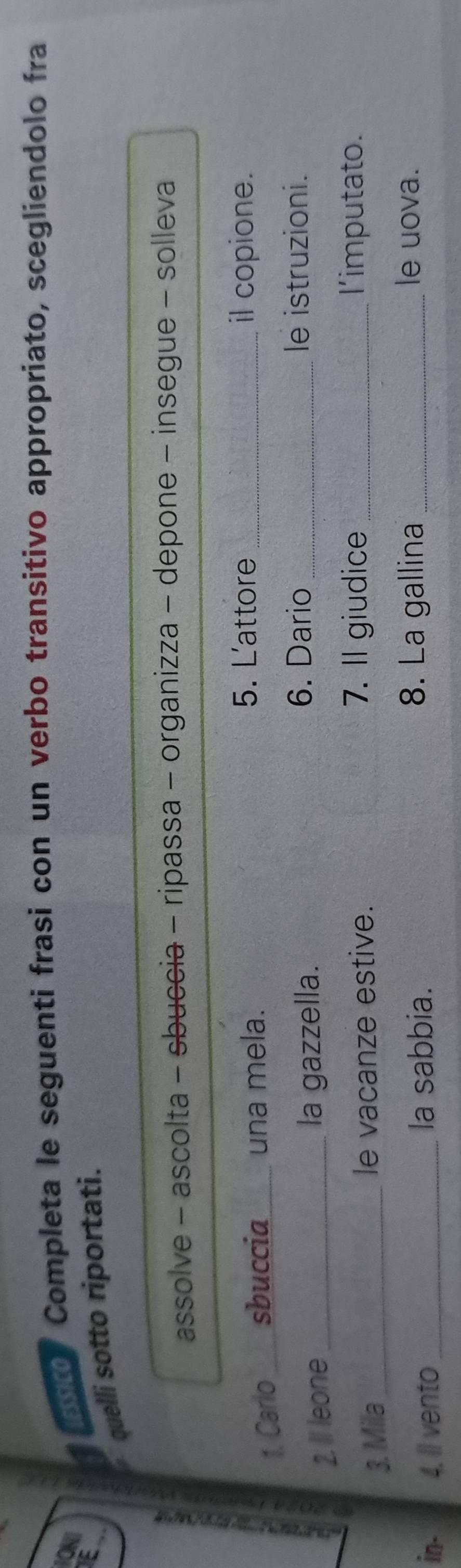 10KI 
sto Completa le seguenti frasi con un verbo transitivo appropriato, scegliendolo fra 
IE 
quelli sotto riportati. 
assolve - ascolta - sbuccia - ripassa - organizza - depone - insegue - solleva 
1. Carlo _sbuccia una mela. 
5. Lattore _il copione. 
le istruzioni. 
2.II leone_ 
la gazzella. 6. Dario_ 
3. Mila_ 
le vacanze estive. 
7. Il giudice _I'imputato. 
in- 4. Il vento _la sabbia. 
8. La gallina _le uova.
