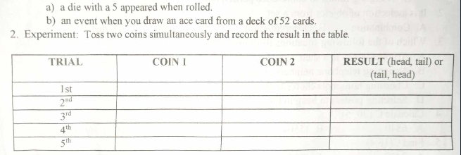 a die with a 5 appeared when rolled.
b) an event when you draw an ace card from a deck of 52 cards
2. Experiment: Toss two coins simultaneously and record the result in the table.