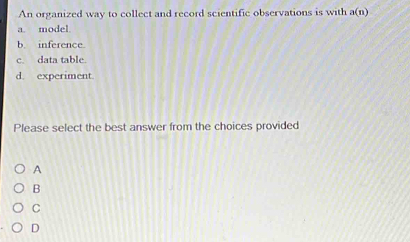 An organized way to collect and record scientific observations is with a(n)
a. model.
b. inference.
c. data table.
d. experiment.
Please select the best answer from the choices provided
A
B
C
D