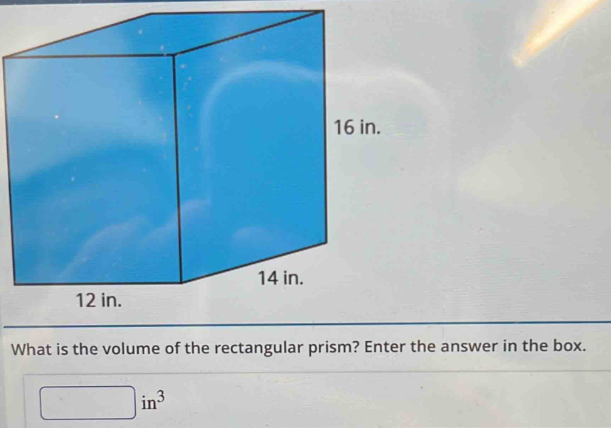 What is the volume of the rectangular prism? Enter the answer in the box. 
. in^3