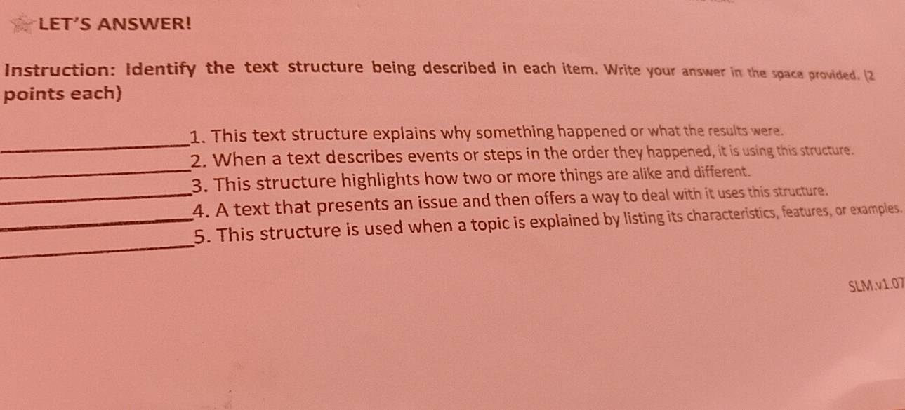 Solved: LET'S ANSWER! Instruction: Identify the text structure being ...