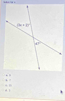 Solve for x
a. 9
b.7
c. 15
d. 3