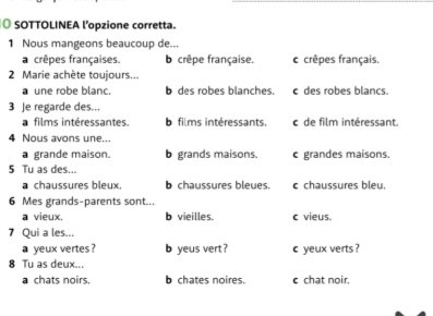 SOTTOLINEA l'opzione corretta.
1 Nous mangeons beaucoup de...
a crêpes françaises. b crêpe française. c crêpes français.
2 Marie achète toujours...
a une robe blanc. b des robes blanches. c des robes blancs.
3 Je regarde des...
a films intéressantes. b films intéressants. c de film intéressant.
4 Nous avons une...
a grande maison. b grands maisons. c grandes maisons.
5 Tu as des...
a chaussures bleux. b chaussures bleues. c chaussures bleu.
6 Mes grands-parents sont...
a vieux. b vieilles. c vieus.
7 Qui a les...
a yeux vertes ? b yeus vert? c yeux verts ?
8 Tu as deux...
a chats noirs. b chates noires. c chat noir.