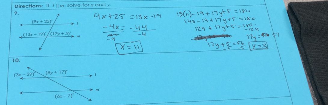 Directions: If l||m , solve for x and y.