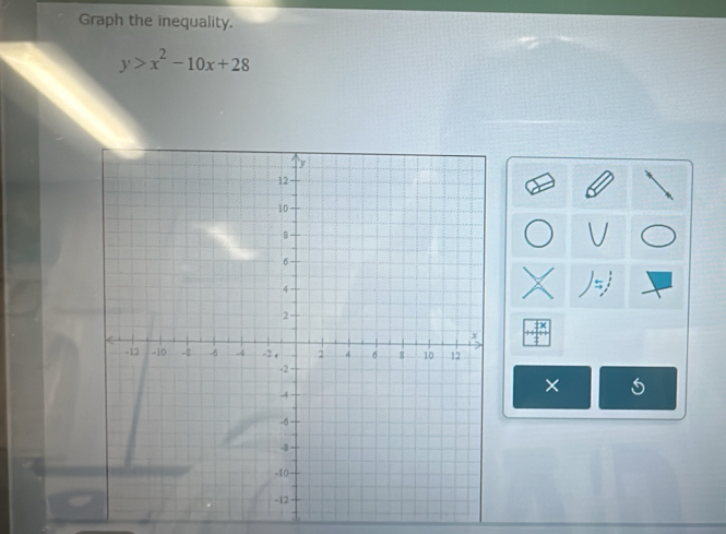 Graph the inequality.
y>x^2-10x+28
×