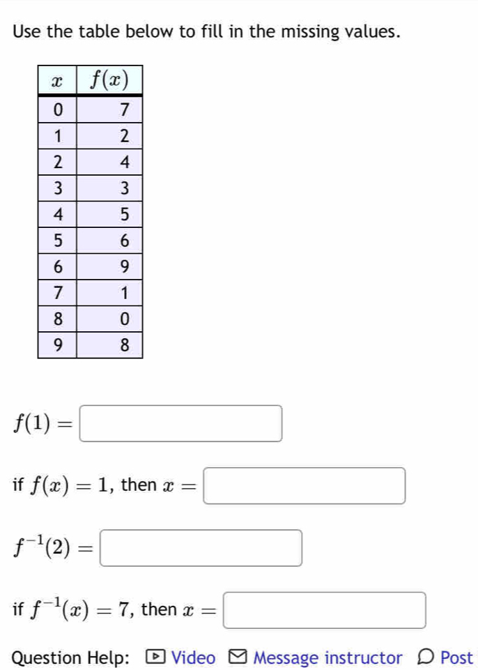 Use the table below to fill in the missing values.
f(1)=□
if f(x)=1 , then x=□
f^(-1)(2)=□
if f^(-1)(x)=7 , then x=□
Question Help: * Video Message instructor D Post