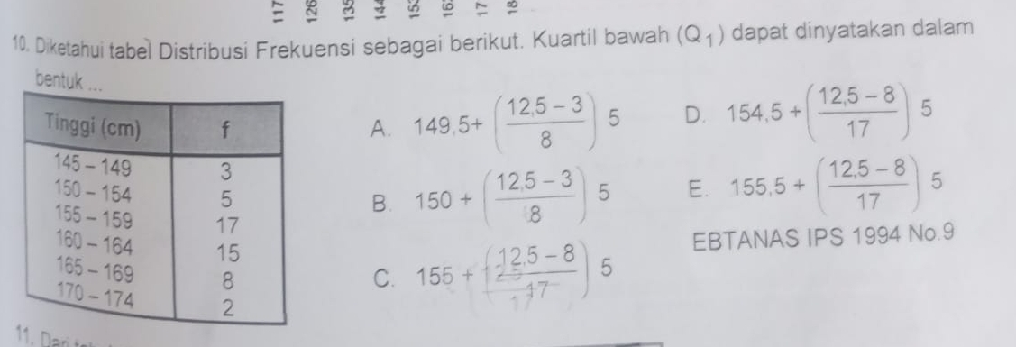 Diketahui tabel Distribusi Frekuensi sebagai berikut. Kuartil bawah (Q_1) dapat dinyatakan dalam
bentuk
A. 149.5+( (12.5-3)/8 ) 5 D. 154,5+( (12,5-8)/17 )5
B. 150+( (12.5-3)/8 )5 E. 155.5+( (12.5-8)/17 )5
C. 155+ (12.5-8)/47 )5 EBTANAS IPS 1994 No. 9
11. Dar