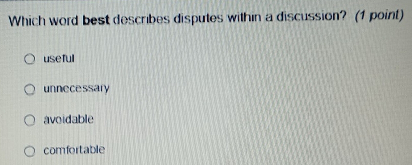 Which word best describes disputes within a discussion? (1 point)
useful
unnecessary
avoidable
comfortable