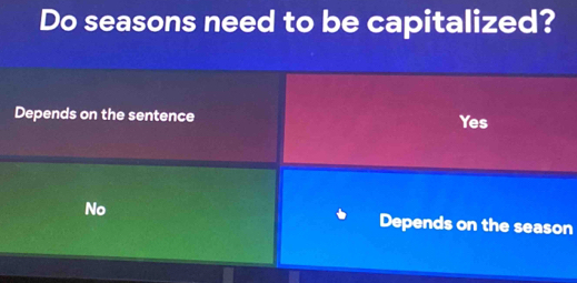 Do seasons need to be capitalized?
Depends on the sentence Yes
No Depends on the season