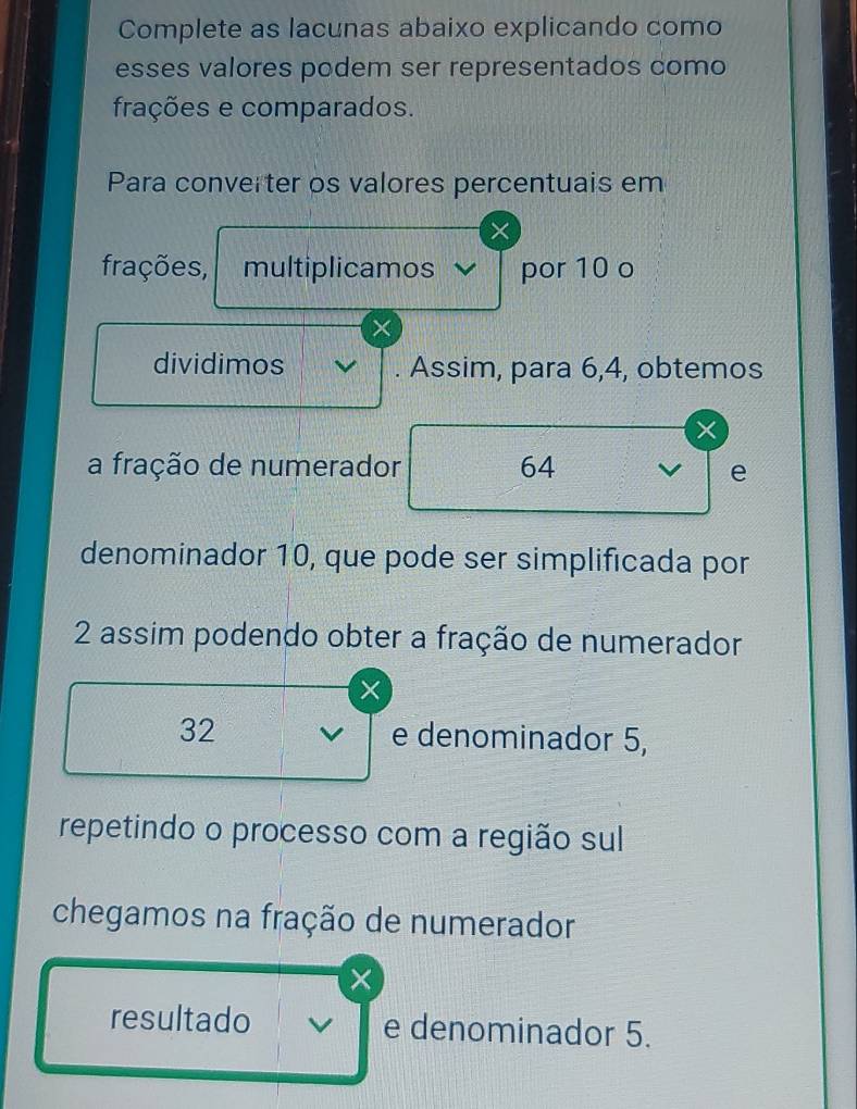 Complete as lacunas abaixo explicando como 
esses valores podem ser representados como 
frações e comparados. 
Para converter os valores percentuais em 
× 
frações, multiplicamos por 10 o
X
dividimos . Assim, para 6, 4, obtemos 
a fração de numerador 64
e 
denominador 10, que pode ser simplificada por
2 assim podendo obter a fração de numerador 
×
32 e denominador 5, 
repetindo o processo com a região sul 
chegamos na fração de numerador 
× 
resultado e denominador 5.