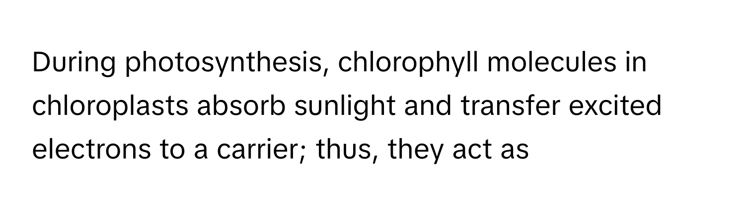 During photosynthesis, chlorophyll molecules in chloroplasts absorb sunlight and transfer excited electrons to a carrier; thus, they act as