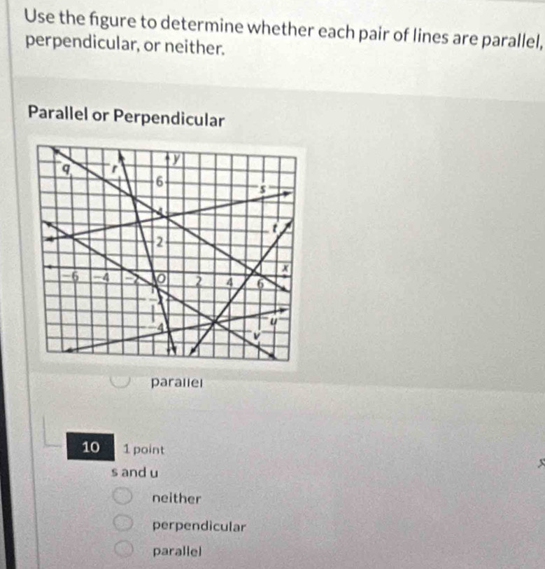 Use the figure to determine whether each pair of lines are parallel,
perpendicular, or neither.
Parallel or Perpendicular
parallel
10 1 point
s and u
neither
perpendicular
parallel