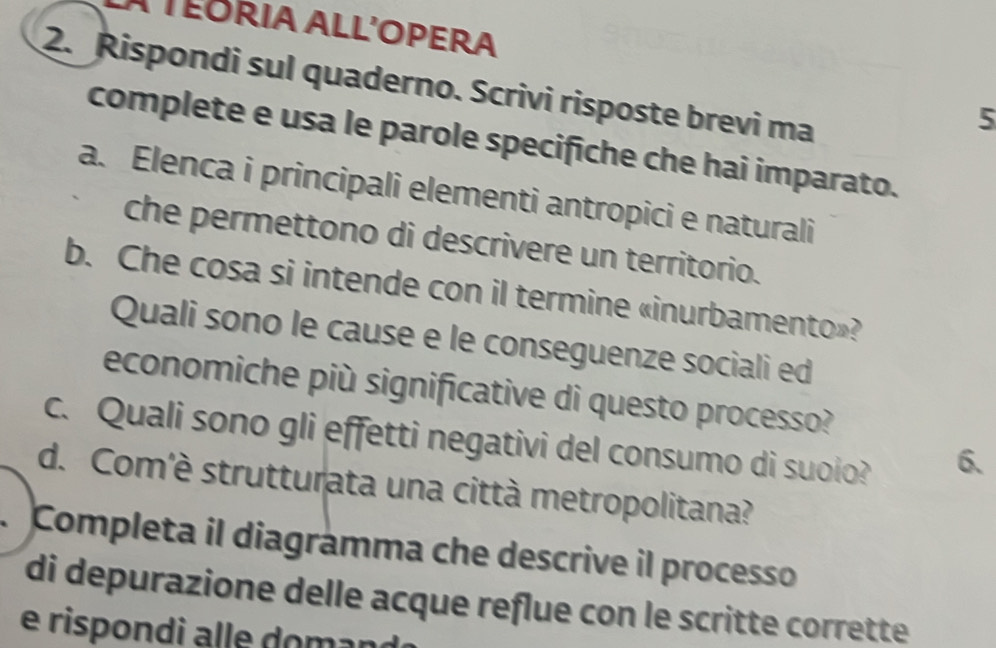 Rispondi sul quaderno. Scrivi risposte brevi ma 
5 
complete e usa le parole specifiche che hai imparato. 
a. Elenca i principali elementi antropici e naturali 
che permettono di descrivere un territorio. 
b. Che cosa si intende con il termine «inurbamento»? 
Quali sono le cause e le conseguenze sociali ed 
economiche più significative di questo processo? 
c. Quali sono gli effetti negativi del consumo di suoio? 
6、 
d. Com'è strutturata una città metropolitana? 
Completa il diagramma che descrive il processo 
di depurazione delle acque reflue con le scritte corrette 
e rispondi alle domar