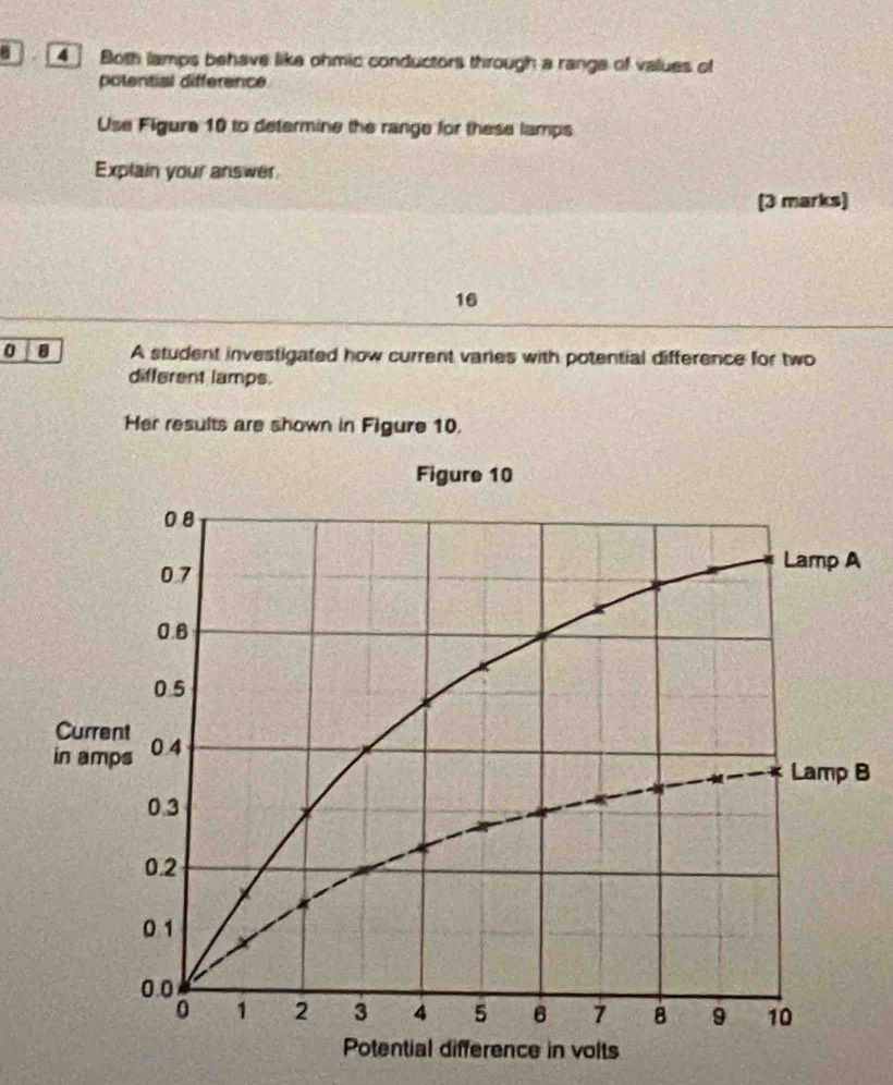 a 4 ] Both lamps behave like ohmic conductors through a range of values of 
potential difference 
Use Figure 10 to determine the range for these lamps 
Explain your answer 
[3 marks]
16
0 8 A student investigated how current varies with potential difference for two 
different lamps. 
Her results are shown in Figure 10. 
Curr 
in am 
B