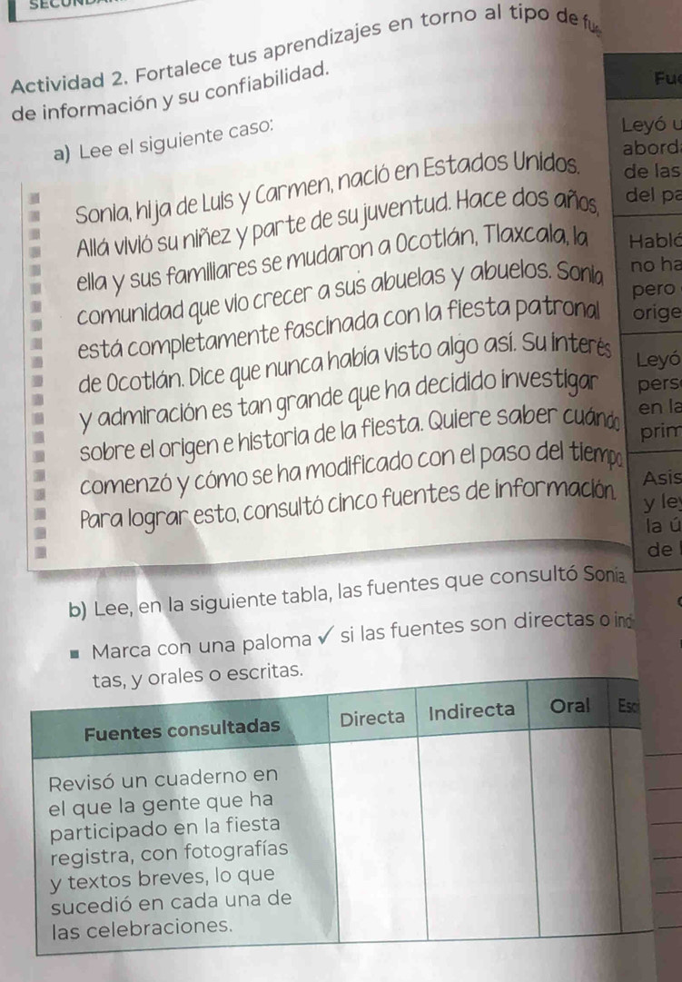 Actividad 2. Fortalece tus aprendizajes en torno al tipo defu 
de información y su confiabilidad. 
Fu 
a) Lee el siguiente caso: 
Leyó u 
abord 
Sonia, hi ja de Luis y Carmen, nació en Estados Unidos. de las 
Allá vivió su niñez y parte de su juventud. Hace dos años, 
del pa 
ella y sus familiares se mudaron a Ocotlán, Tlaxcala, la Habló 
comunidad que vio crecer a sus abuelas y abuelos. Soni no ha 
pero 
está completamente fascinada con la fiesta patronal orige 
de Ocotlán. Dice que nunca había visto algo así. Su interés 
Leyó 
y admiración es tan grande que ha decidido investigar pers 
sobre el origen e historia de la fiesta. Quiere saber cuáno 
en la 
prim 
comenzó y cómo se ha modificado con el paso del tiemp 
Asis 
Para lograr esto, consultó cinco fuentes de información. y le 
la ú 
de 
b) Lee, en la siguiente tabla, las fuentes que consultó Sonia 
Marca con una paloma ✓ si las fuentes son directas o im