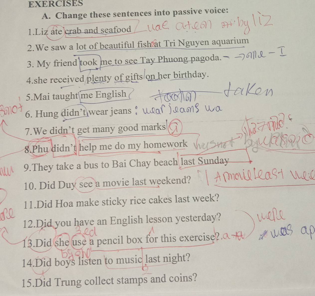 Change these sentences into passive voice: 
1.Liz ate crab and seafood 
2.We saw a lot of beautiful fish at Tri Nguyen aquarium 
3. My friend took me to see Tay Phuong pagoda. 
4.she received plenty of gifts on her birthday. 
5.Mai taught me English 
6. Hung didn’t wear jeans ? 
7.We didn’t get many good marks 
8Phu didn’t help me do my homework 
9.They take a bus to Bai Chay beach last Sunday 
10. Did Duy see a movie last weekend? 
11.Did Hoa make sticky rice cakes last week? 
12.Did you have an English lesson yesterday? 
13.Did she use a pencil box for this exercise? 
14.Did boys listen to music last night? 
15.Did Trung collect stamps and coins?