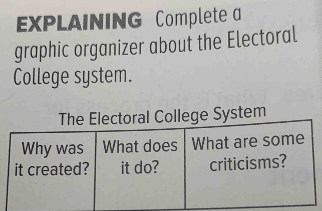 EXPLAINING Complete a 
graphic organizer about the Electoral 
College system. 
ge System