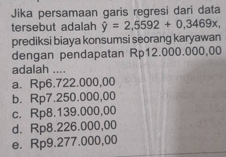 Jika persamaan garis regresi dari data
tersebut adalah hat y=2,5592+0,3469x, 
prediksi biaya konsumsi seorang karyawan
dengan pendapatan Rp12.000.000,00
adalah ....
a. Rp6.722.000,00
b. Rp7.250.000,00
c. Rp8.139.000,00
d. Rp8.226.000,00
e. Rp9.277.000,00