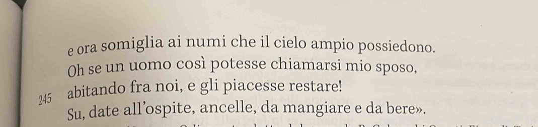 ora somiglia ai numi che il cielo ampio possiedono. 
Oh se un uomo così potesse chiamarsi mio sposo, 
245 abitando fra noi, e gli piacesse restare! 
Su, date all’spite, ancelle, da mangiare e da bere».