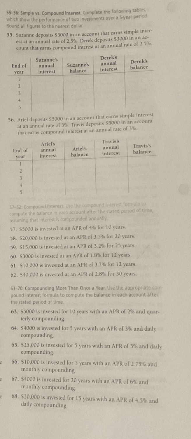 55-56: Simple vs. Compound Interest. Complete the following tables. 
which show the performance of two investments over a 5-year period 
Round all figures to the nearest doliar. 
55. Suzanne deposits $3000 in an account that earns simple inter- 
est at an annual rate of 2.5%. Derek deposits $3000 in an ac- 
count that earns compound interest at an annual rate of 2.5%
56. Ariel deposits $5000 in an account that earns simple interest 
at an annual rate of 3%. Travis deposits $5000 in an account 
that earns compound interest at an annual rate of 3%. 
57-62: Compound Interest. Use the compound interest formula to 
compute the balance in each account after the stated period of time 
assuming that interest is compounded annually 
57. $5000 is invested at an APR of 4% for 10 years. 
58. $20,000 is invested at an APR of 3.5% for 20 years. 
59. $15,000 is invested at an APR of 3.2% for 25 years. 
60. $3000 is invested at an APR of 1.8% for 12 years. 
61. $10,000 is invested at an APR of 3.7% for 12 years. 
62. $40,000 is invested at an APR of 2.8% for 30 years. 
63-70: Compounding More Than Once a Year. Use the appropriate com- 
pound interest formula to compute the balance in each account after 
the stated period of time. 
63. $5000 is invested for 10 years with an APR of 2% and quar- 
terly compounding. 
64. $4000 is invested for 5 years with an APR of 3% and daily 
compounding. 
65. $25,000 is invested for 5 years with an APR of 3% and daily 
compounding. 
66. $10,000 is invested for 5 years with an APR of 2.75% and 
monthly compounding 
67. $4000 is invested for 20 years with an APR of 6% and 
monthly compounding. 
68. $30,000 is invested for 15 years with an APR of 4.5% and 
daily compounding.